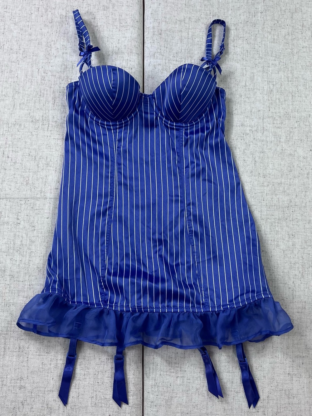 La Senza Blue Pinstripe Satin Bustier Slip Chemise Garter Straps Lingerie XS